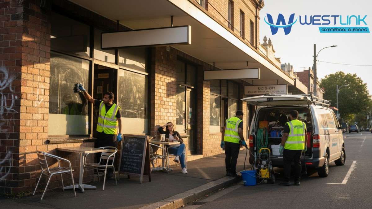 Golden-hour photo of a dusty, slightly run-down café on Oxford Street, Darlinghurst — barista wiping window, couple at table, warm light exposing grime on brickwork.