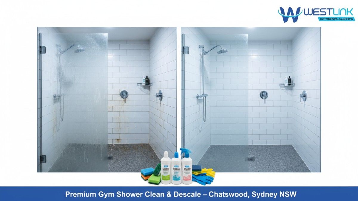 Before-and-after professional cleaning and descaling of gym showers in a commercial fitness centre in Chatswood, Sydney, NSW, Australia, removing limescale and grime for hygienic shine.