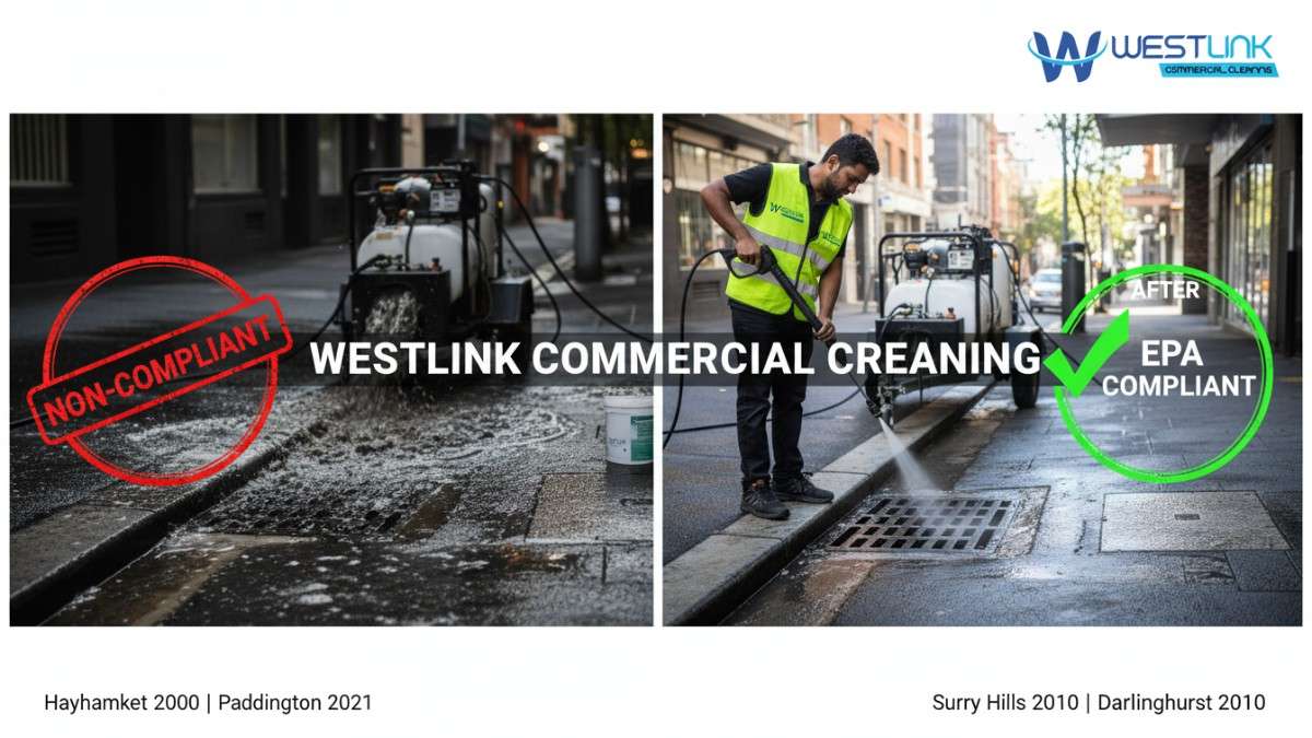 Split before-and-after image showing non-compliant vs. EPA-compliant pressure cleaning with water recycling and biodegradable agents in Sydney.