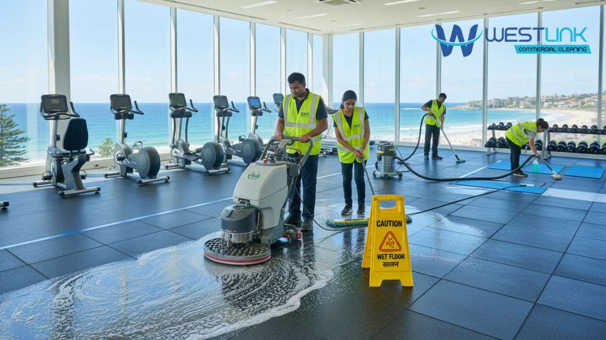 Image showing mopping and vacuuming of gym floors with safety signs in a commercial setting in Bondi, NSW, illustrating cleaning protocols.