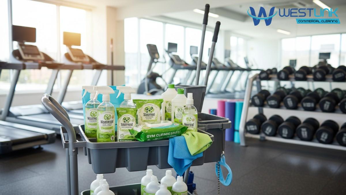 Cleaning cart displaying a collection of eco-friendly gym products like sprays, wipes, and cleaners in a modern Parramatta Sydney gym.