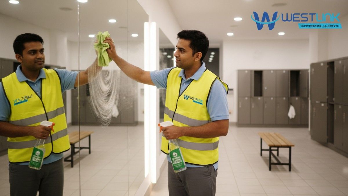Cleaner polishing mirrors and disinfecting locker room surfaces in a commercial fitness center.