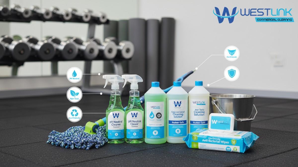 Arrangement of safe, rubber-friendly gym floor cleaning products displayed on gym flooring.