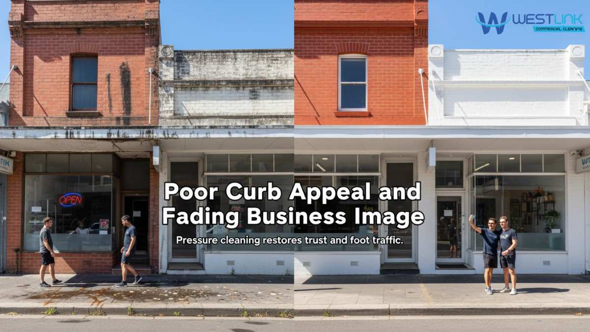 Realistic before-and-after photo of a Surry Hills storefront showing how grime, stains, and neglect damage business image (left) versus the instant uplift from professional pressure cleaning (right).
