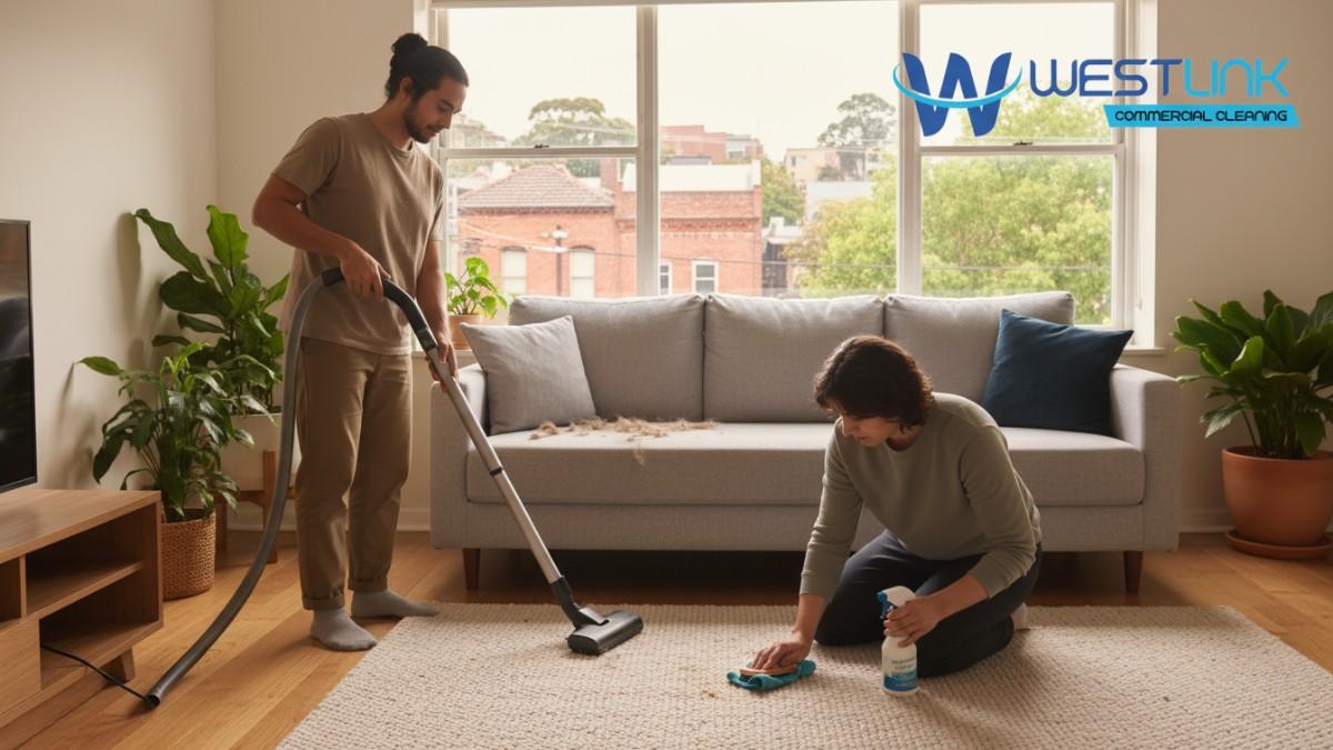 Person performing DIY upholstery and carpet maintenance in a Surry Hills apartment, with natural cleaning tools and city view.