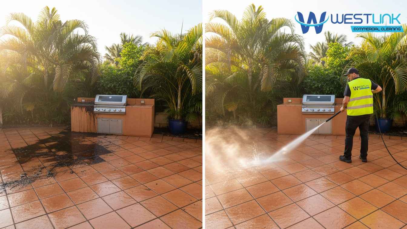 Before and after of heavily grease-stained terracotta pavers around a Cronulla outdoor BBQ area restored with pressure cleaning.