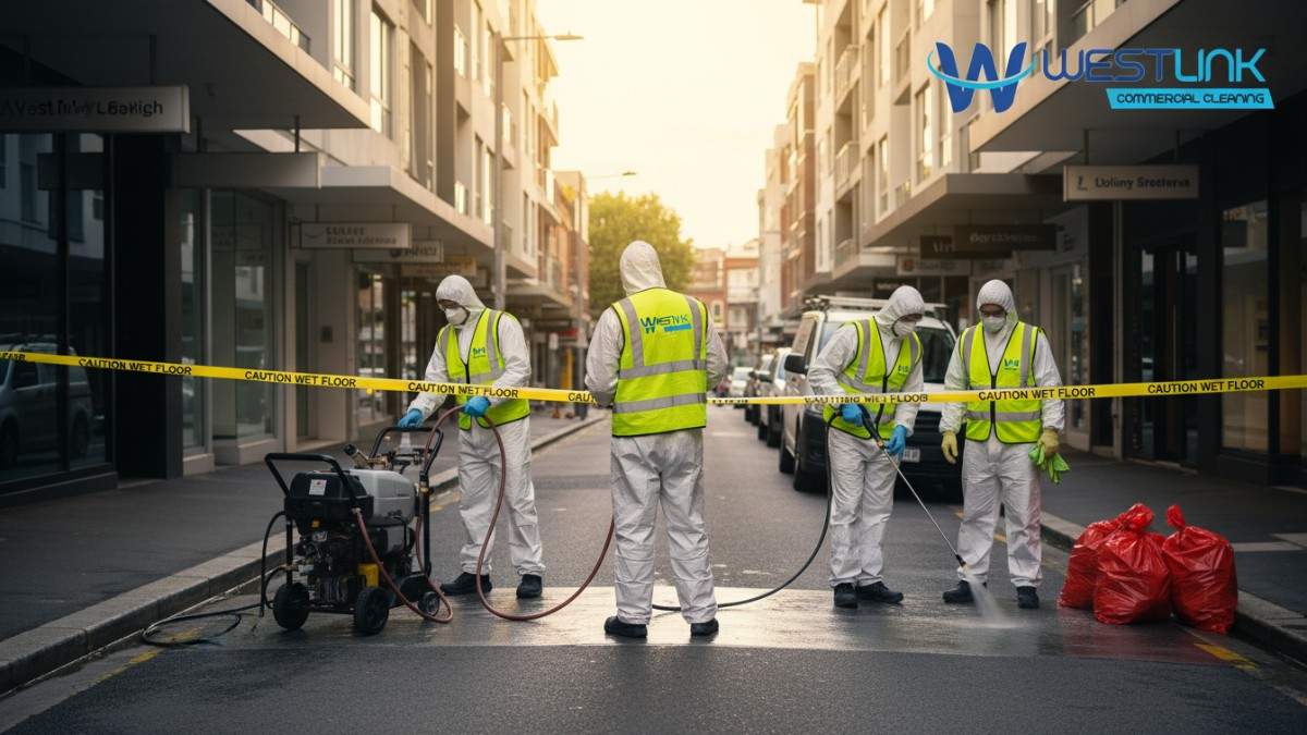 Team decontaminating equipment and cleanup after pressure washing in Darlinghurst, NSW 2010, Australia.
