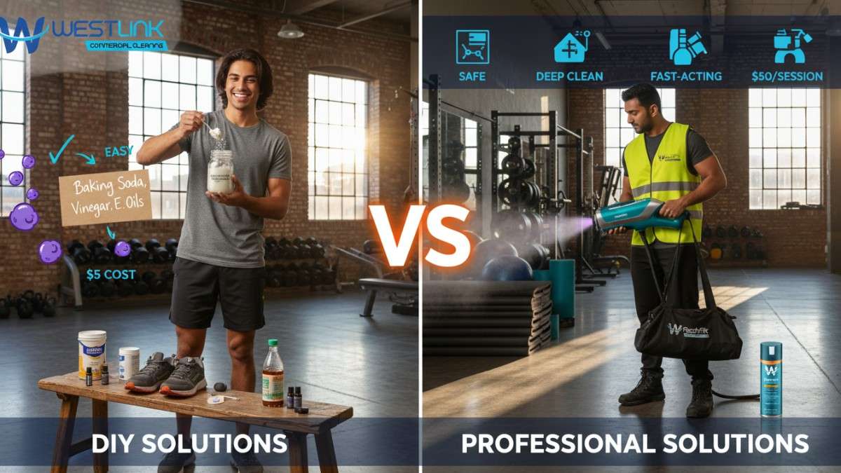 Ultimo gym split-screen: DIY baking soda mix vs. FreshFit pro UV-steam odor removal; transparent logo top-left.