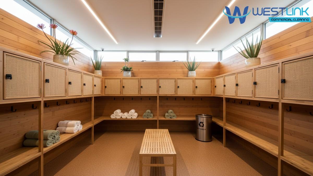 Eco-conscious gym changing room in Perth, Australia, featuring bamboo materials and native plants.