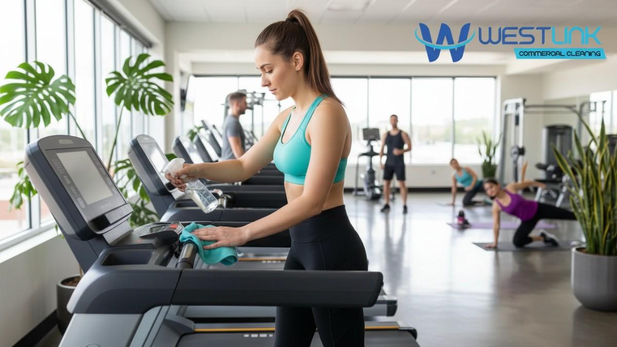 Woman spraying and wiping treadmill after her workout in a modern gym.