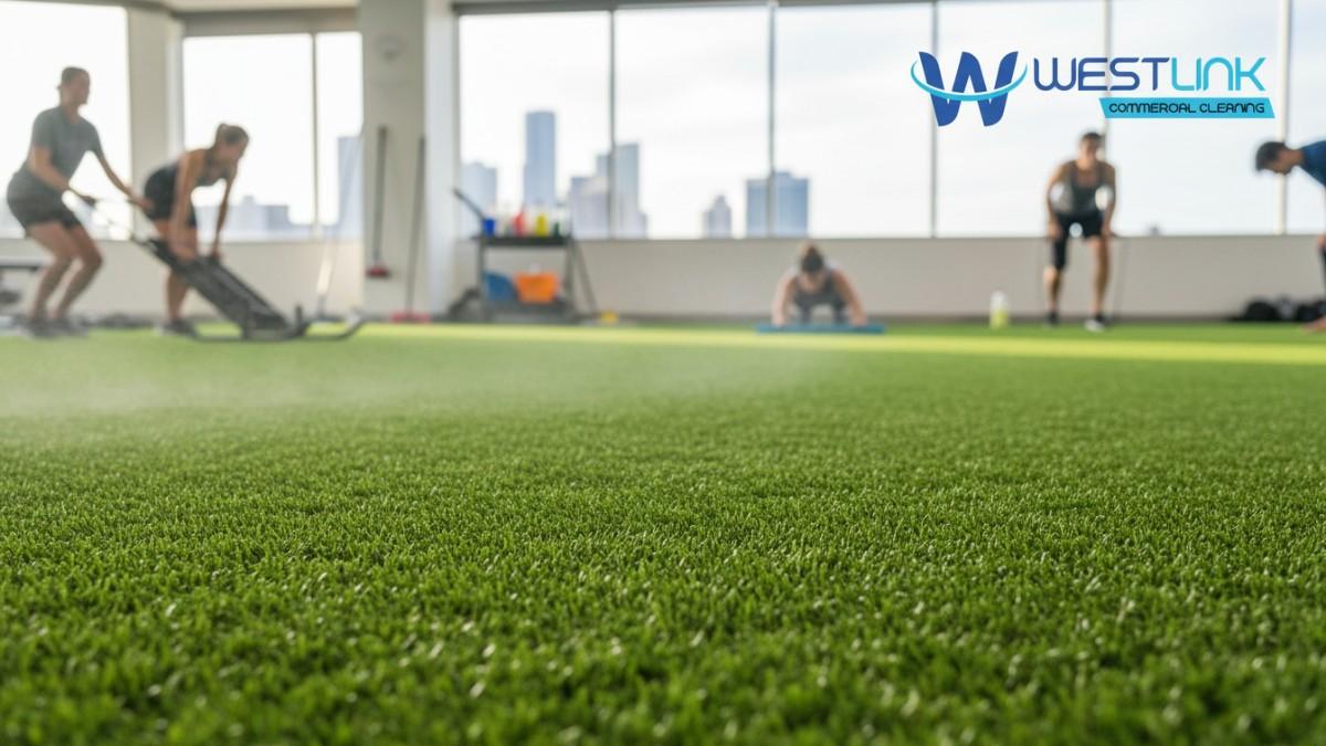 Freshly cleaned vibrant artificial turf flooring in a modern commercial gym in Parramatta, Sydney, NSW, highlighting hygiene and quality.