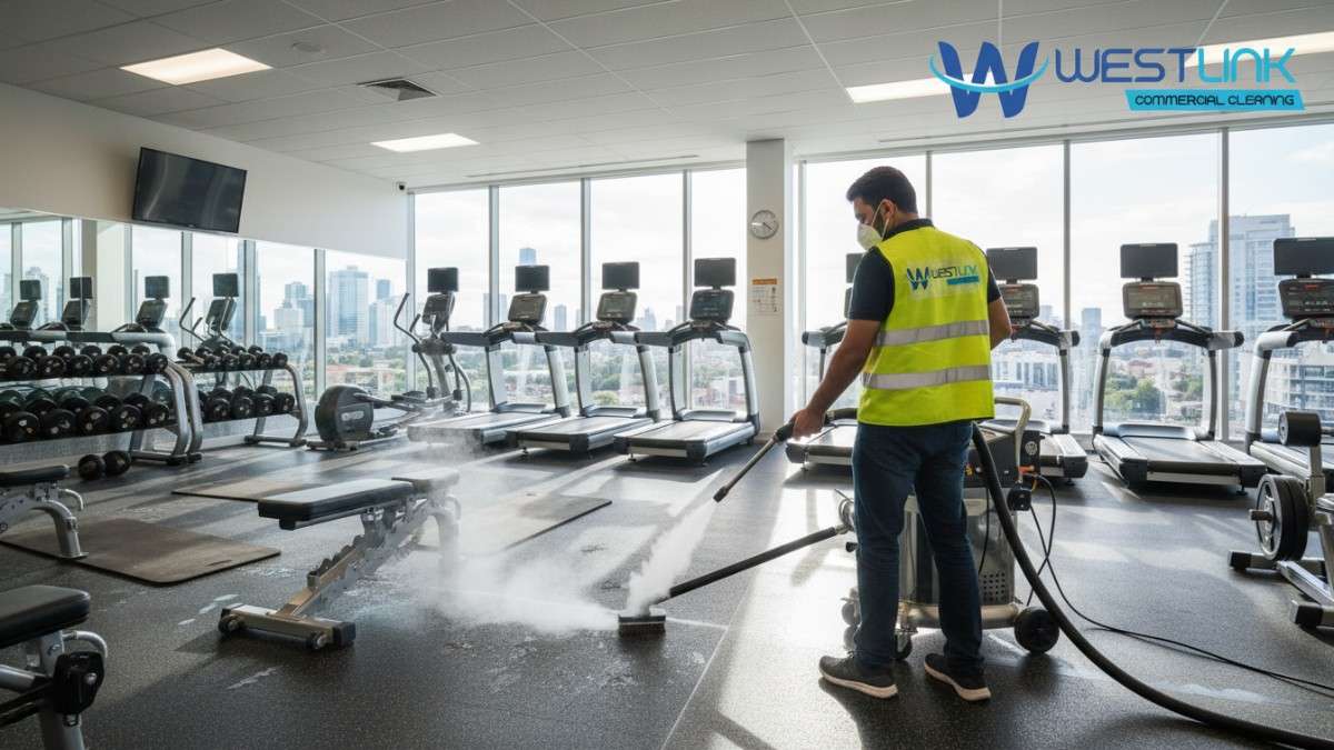 Image of steam cleaners at work in a modern commercial gym in Parramatta, Sydney, NSW, Australia, showcasing clean equipment and floors.