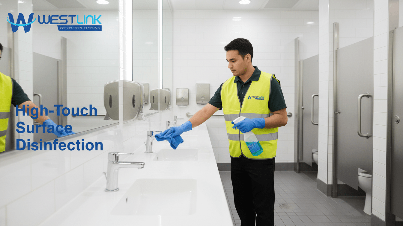Disinfecting high-touch surfaces in airport restroom.