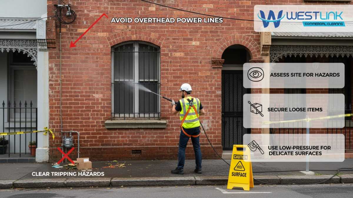 Workers in safety gear grounding and setting up pressure washer equipment on Paddington sidewalk, NSW 2021, Australia