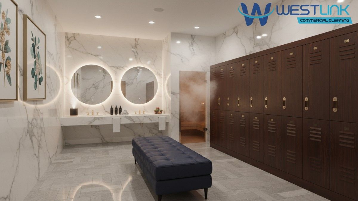 Luxurious upscale gym changing room in Brisbane, Australia, with marble finishes and spa elements.