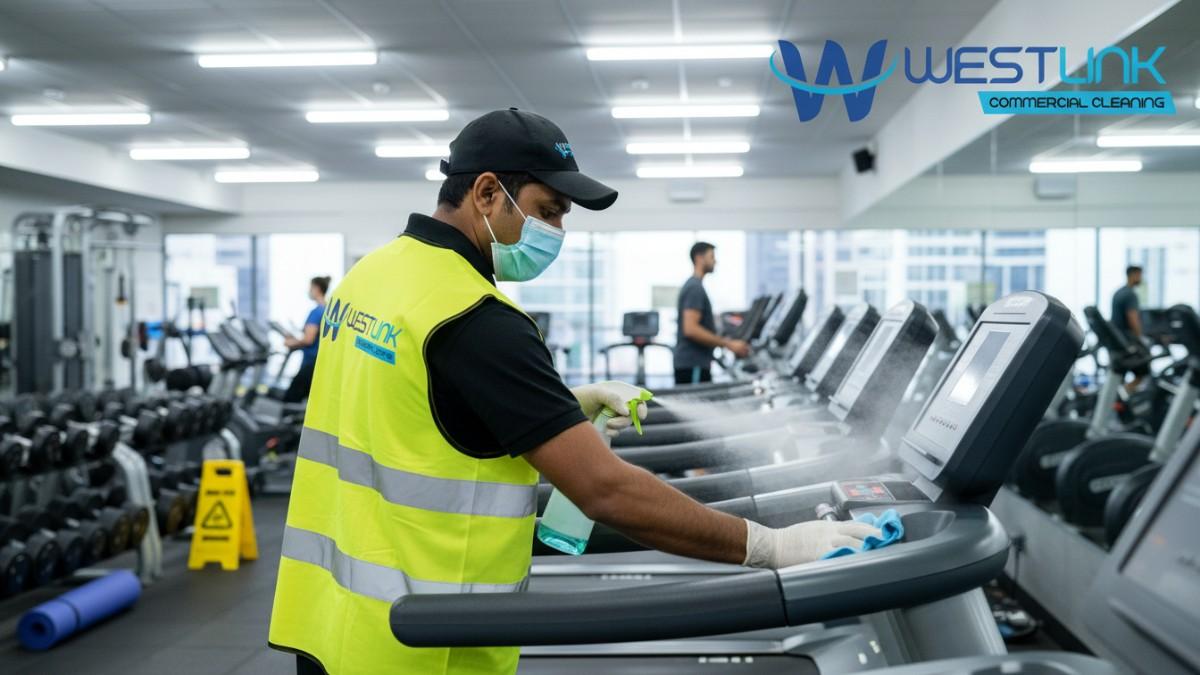 Westlink Commercial Cleaning staff disinfecting exercise machines in a clean, modern 24-hour commercial gym in Parramatta, Sydney, NSW, Australia