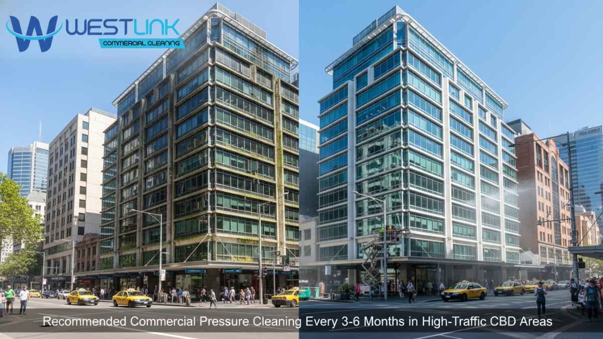 Before-and-after illustration of pressure cleaning on a Sydney CBD office building, highlighting the need for frequent maintenance in urban environments.