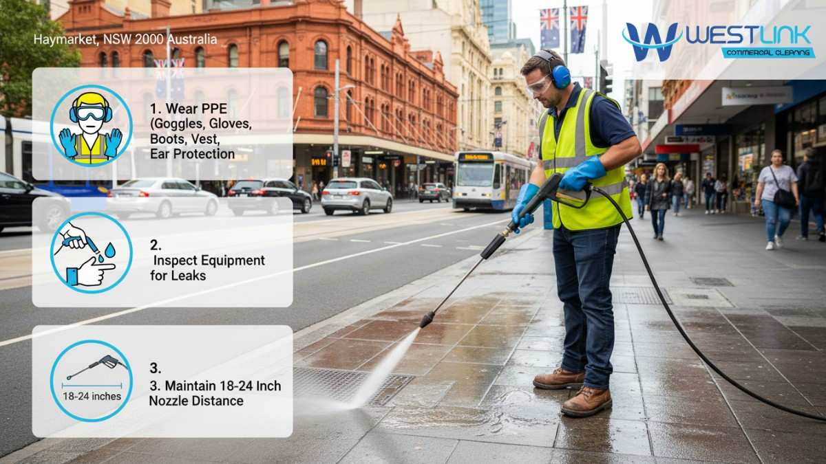 Technician in PPE assessing hazards before pressure cleaning a storefront in Haymarket, NSW 2000, Australia.