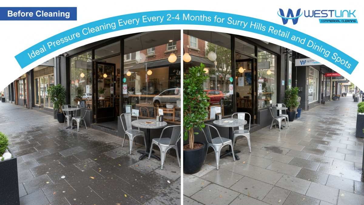 Split-view image of a Surry Hills cafe before and after pressure cleaning, emphasizing frequency for maintaining clean retail spaces.