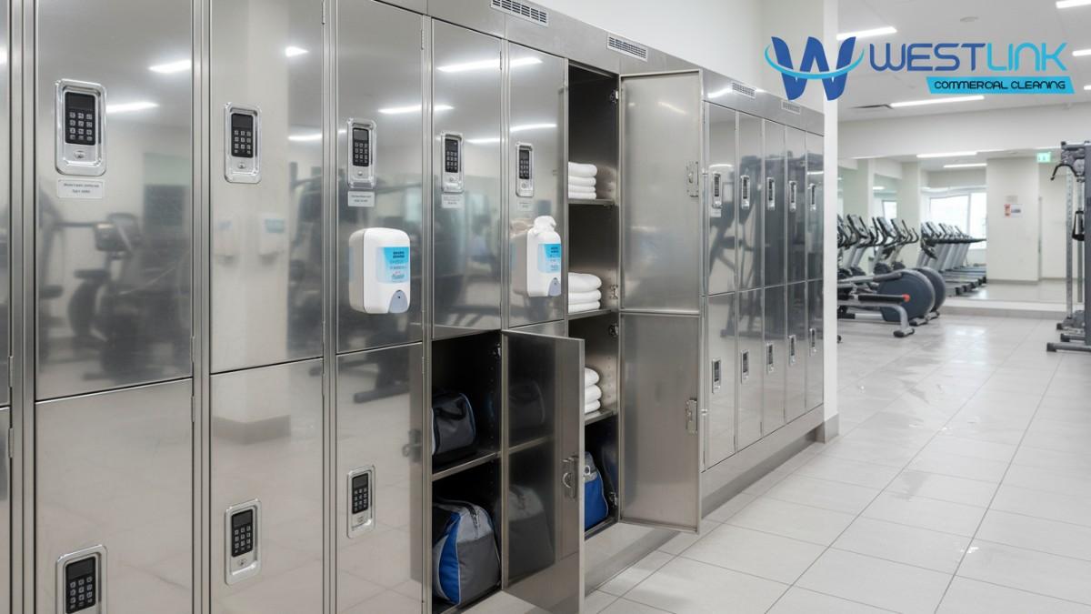 Spotless stainless steel gym lockers in a bright, modern fitness center, showcasing hygiene with antibacterial wipes, sanitizers, and neatly arranged items inside.