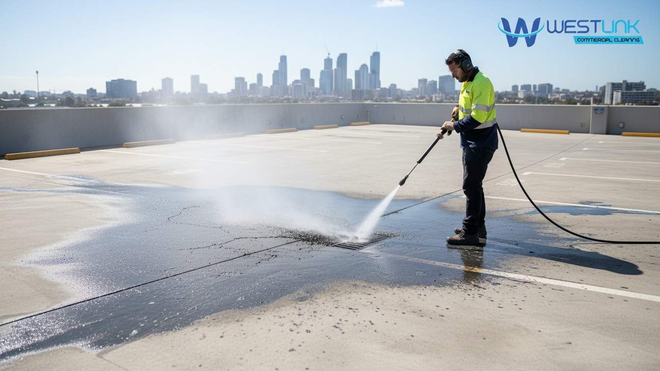 Pressure cleaner removing thick black oil stains from commercial concrete in Parramatta, Sydney with high-pressure hot water.