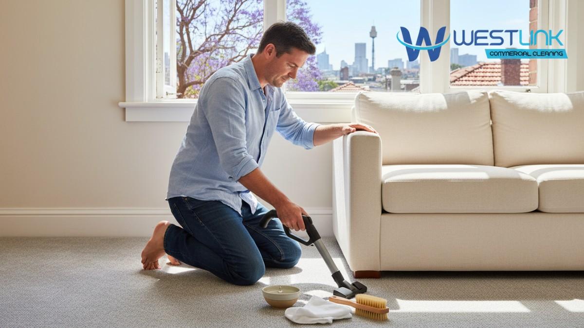 Real person vacuuming sofa and preparing to spot-clean carpet using gentle DIY methods in a bright Surry Hills apartment, with jacaranda-lined street visible through window.