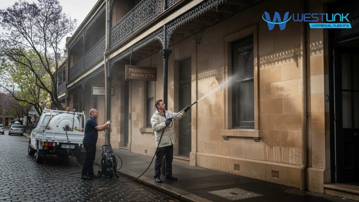 Pressure cleaning crew working on a sandstone terrace shop in Paddington during a cool, humid spring morning with light rain; pollen re-adheres to damp surfaces, creating uneven results and tide marks due to variable drying rates.