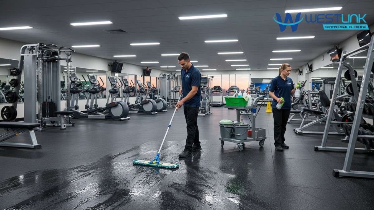 Cleaning staff mopping and disinfecting floors in an empty commercial gym in Sydney, NSW, showing commitment to hygiene maintenance.