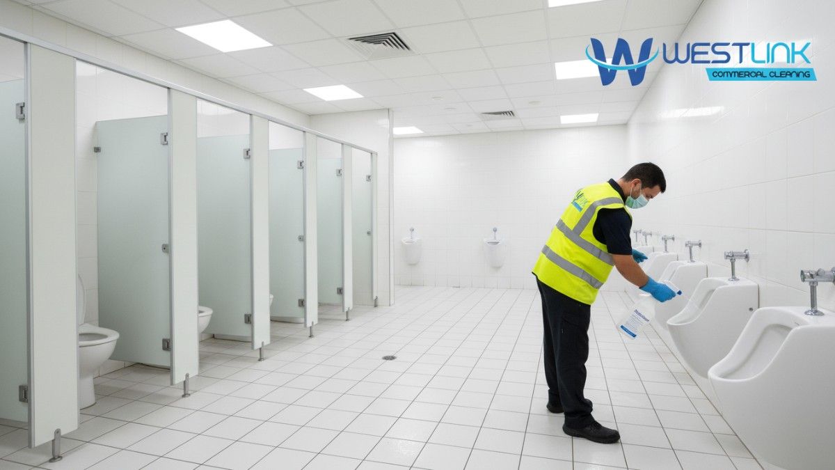 Realistic photo of a gloved cleaner spraying disinfectant on white toilet bowls in a tiled commercial gym restroom.