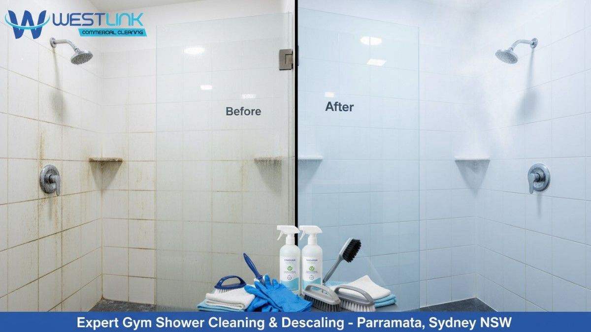 Before-and-after professional cleaning and descaling of a commercial gym shower in Parramatta, Sydney, NSW, Australia, showing removal of limescale and grime for spotless hygienic results.