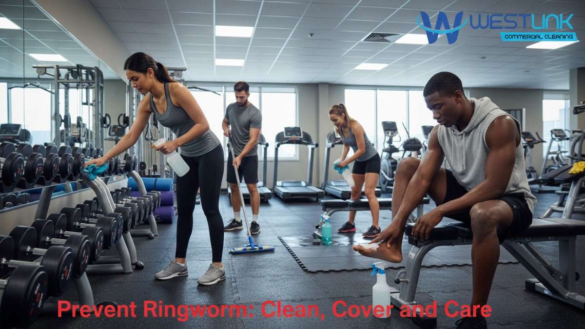 Realistic gym scene showing athletes disinfecting equipment to stop ringworm, with preventive.