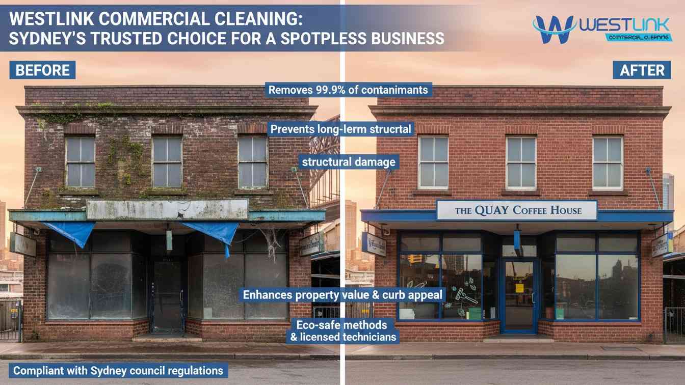 Split-view infographic contrasting a dirty vs. professionally cleaned commercial building at Circular Quay, Sydney
