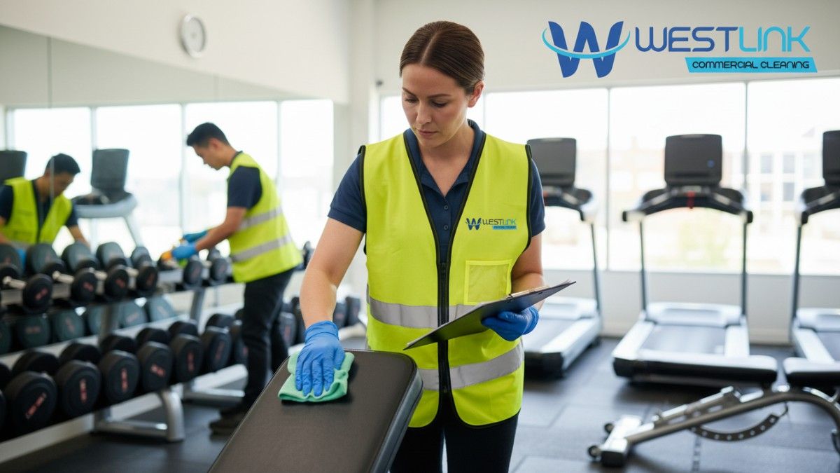 Infographic image of a 'Commercial Gym Cleaning Checklist for Staff' with bullet-point tasks overlaid on a gym background featuring staff in yellow vests cleaning equipment, set in a Sydney, NSW, Australia commercial gym.