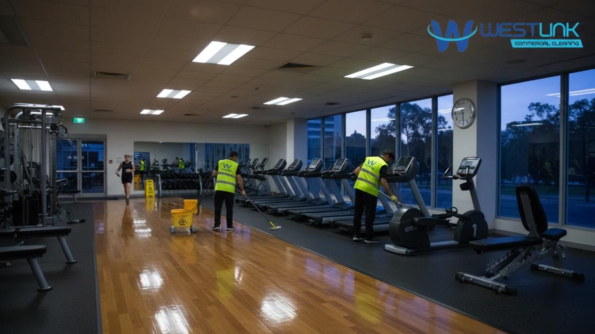 Image of cleaners working in an empty gym in Parramatta, NSW, at 3 AM, with equipment being wiped down and floors mopped.