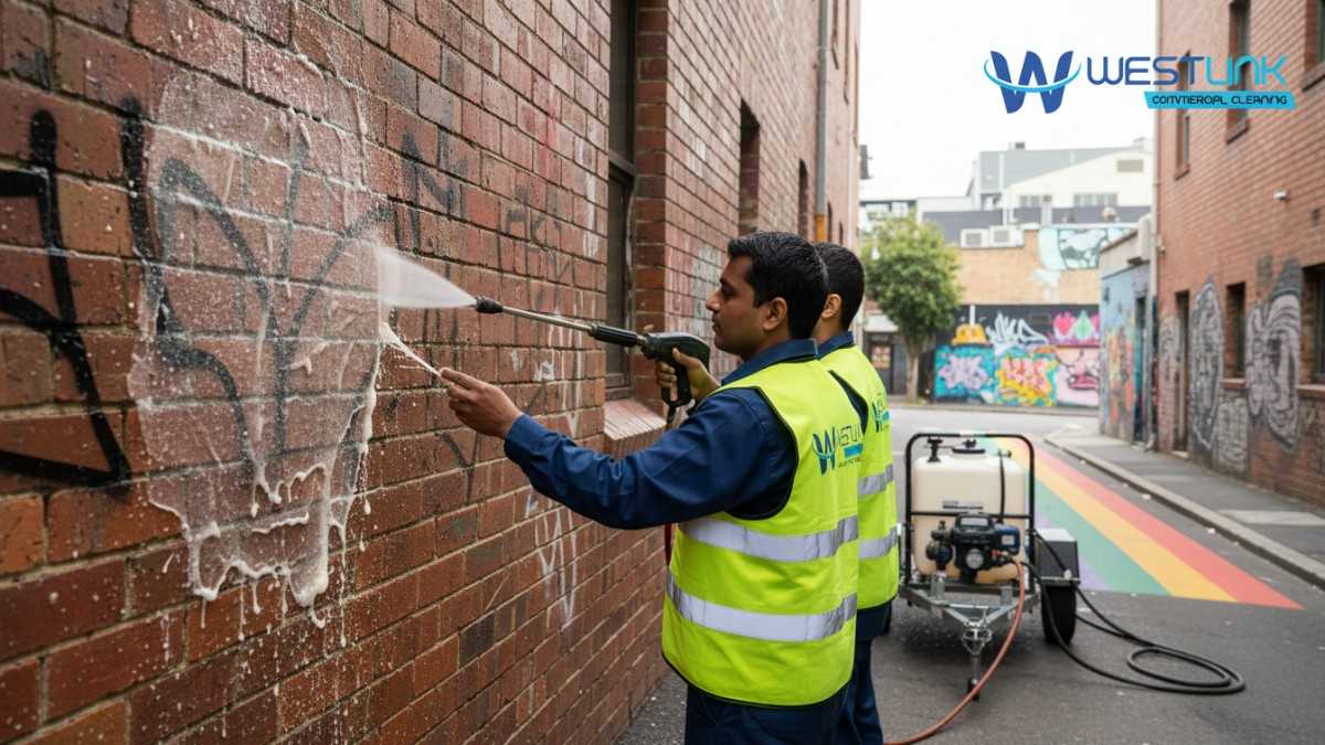 Technician applying biodegradable gel and filtered rinse to remove graffiti in Darlinghurst laneway NSW 2010 by Westlink Commercial Cleaners.