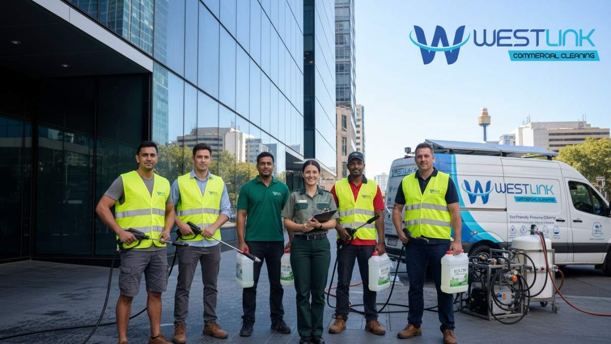 Westlink Commercial eco-friendly pressure cleaning team standing with supervisor.