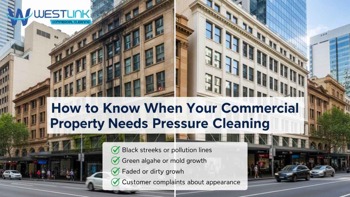 Split-view of a Sydney CBD office building showing visible signs of dirt and grime (left) versus after professional pressure cleaning (right), with a checklist of warning signs.