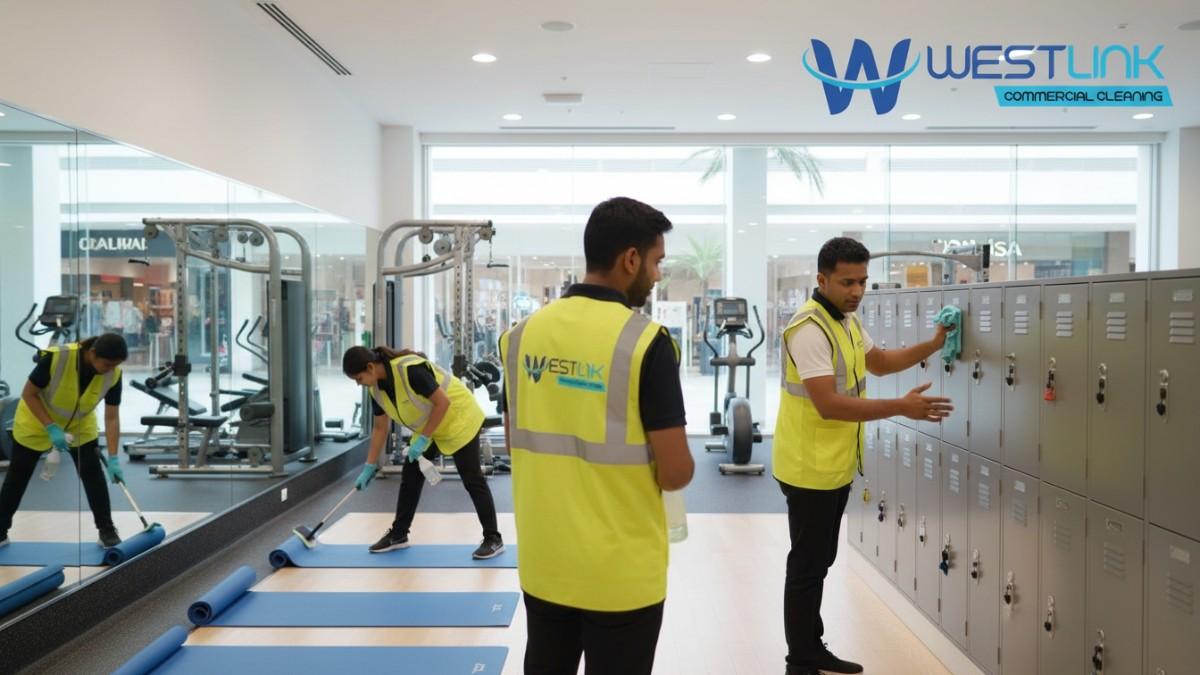 Staff in role-playing exercise for cleaning yoga mats in a commercial gym in Chatswood, Sydney, NSW.