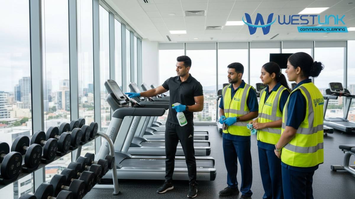 Trainer demonstrating cleaning techniques to staff in a commercial gym in Parramatta, Sydney, NSW.