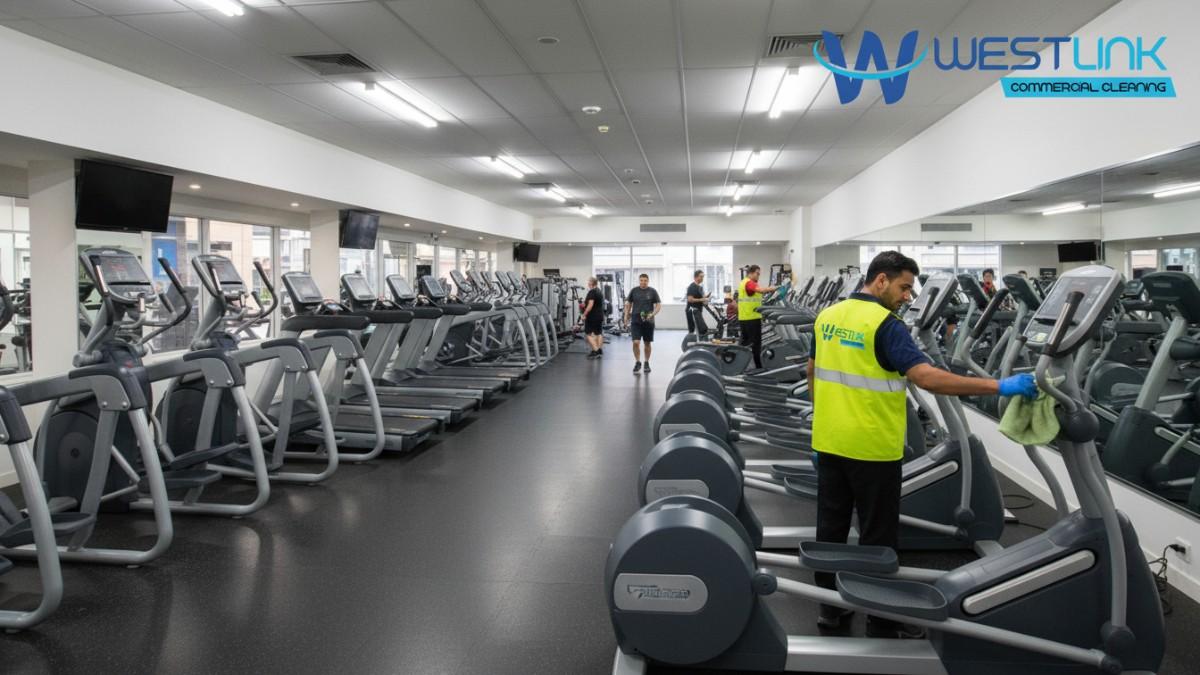 Spotless row of cardio machines in a Sydney commercial gym by westlink commercial cleaners