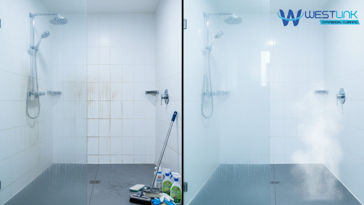 Before-and-after view of a gym shower being cleaned and descaled in a commercial fitness center in Bondi, Sydney, NSW, Australia, with professional tools by Westlink Commercial Cleaners.