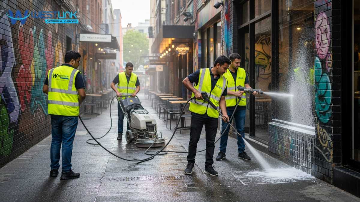 Depiction of various commercial pressure cleaning tools in action within Surry Hills, NSW, urban creative district.