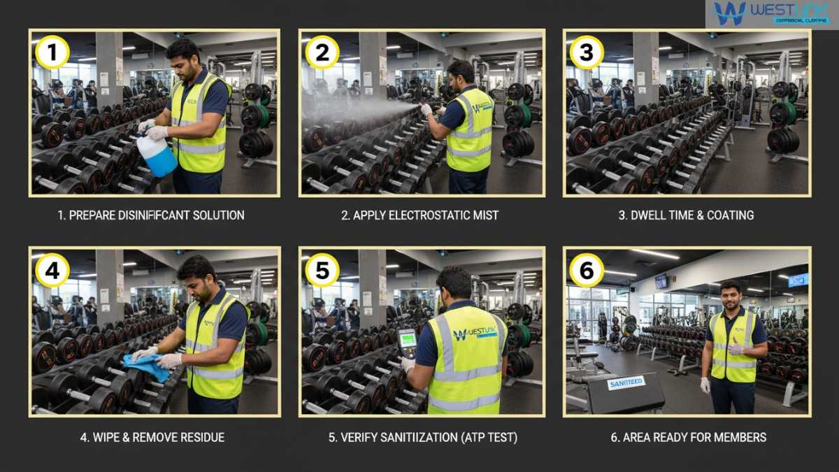 6-step professional sanitization process for gym dumbbells and plates shown by uniformed technicians in branded yellow safety vests using electrostatic spraying, wiping, and ATP verification.