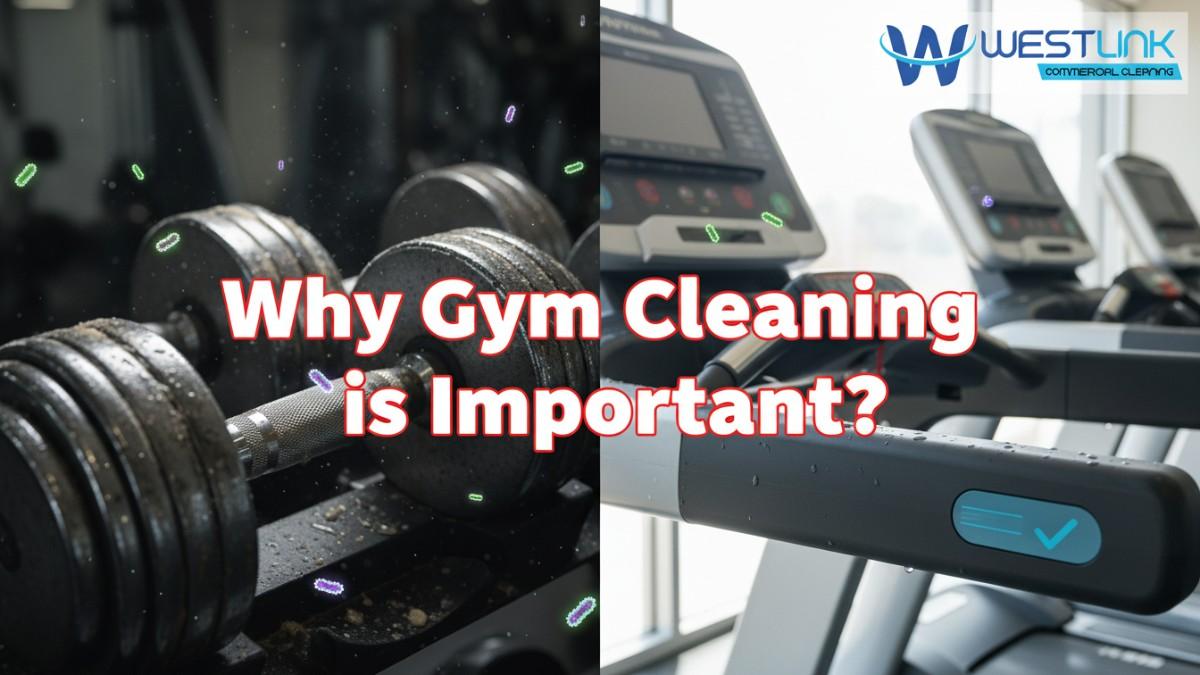 Split-image contrasting dirty germ-covered gym equipment on the left with clean sparkling hygienic equipment on the right, highlighting the importance of gym cleaning.