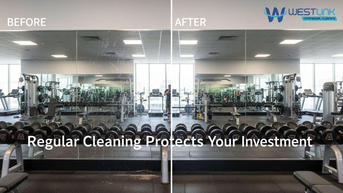 Dramatic before-and-after showing how regular professional cleaning removes smudges and prevents permanent damage, restoring gym mirrors to crystal-clear perfection.