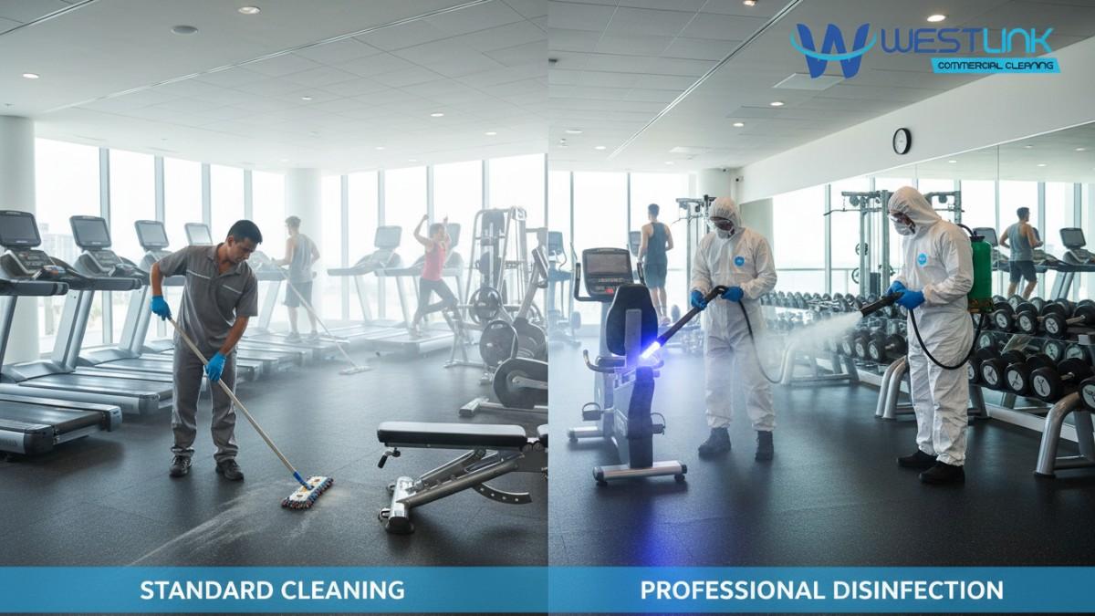 Split-image showing left side with standard cleaning of gym equipment leaving some dirt, right side with disinfection using advanced tools for complete sanitization, in a Sydney gym