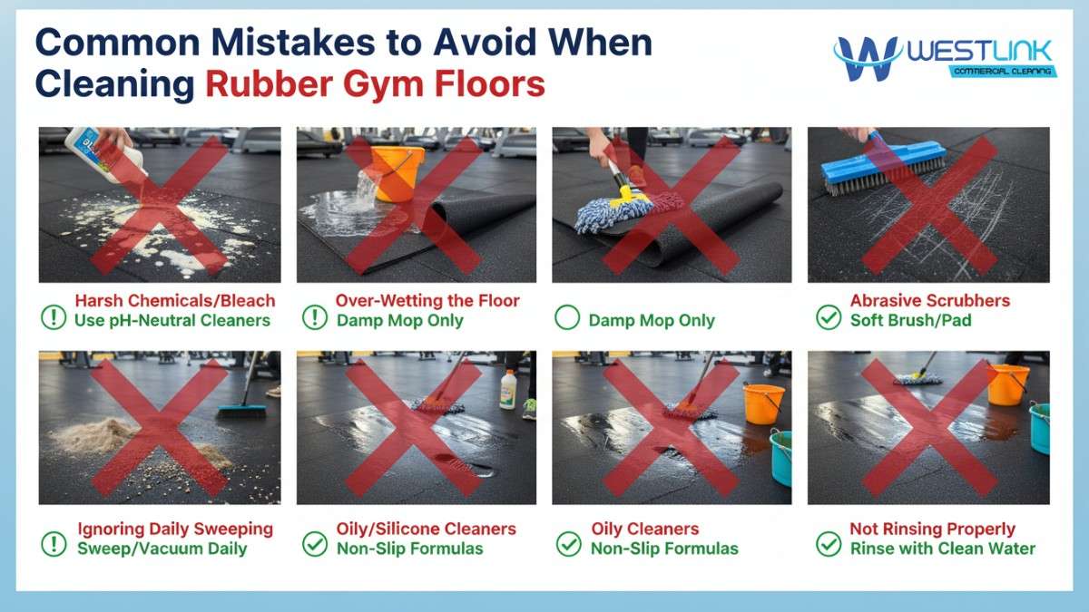 Infographic showing 6 common mistakes to avoid when cleaning rubber gym floors, with illustrations, red X marks for errors, green checks for solutions.