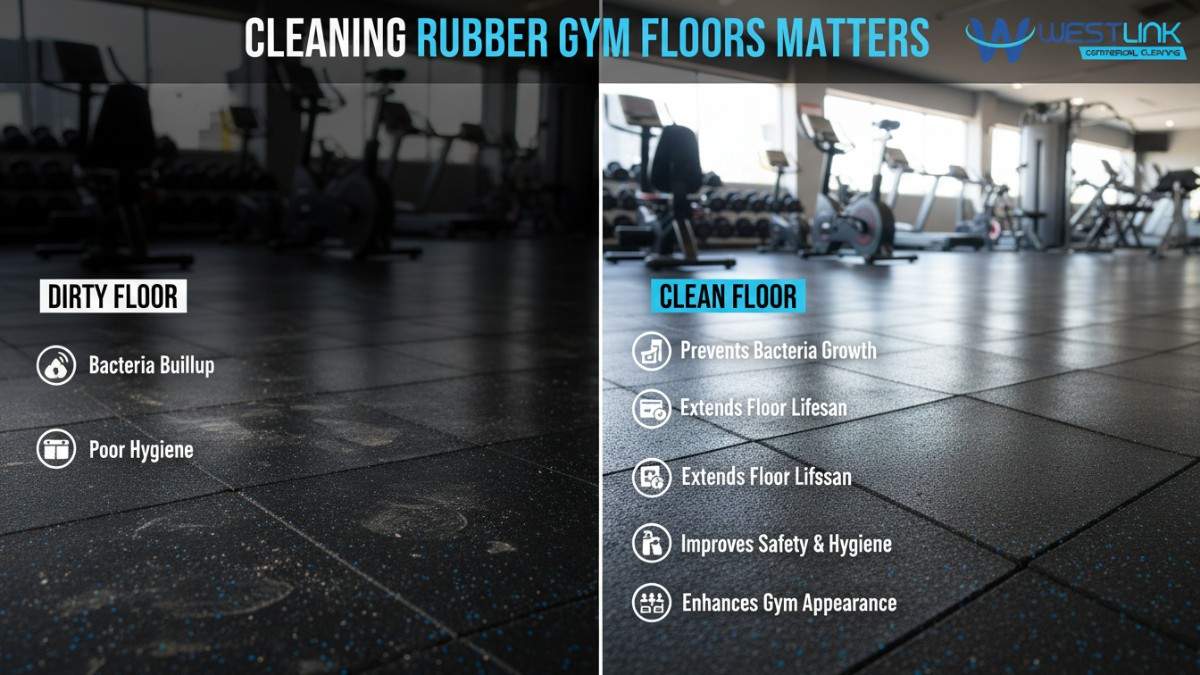 Split-view image comparing dirty and clean rubber gym floors, demonstrating why regular cleaning matters for hygiene and safety.