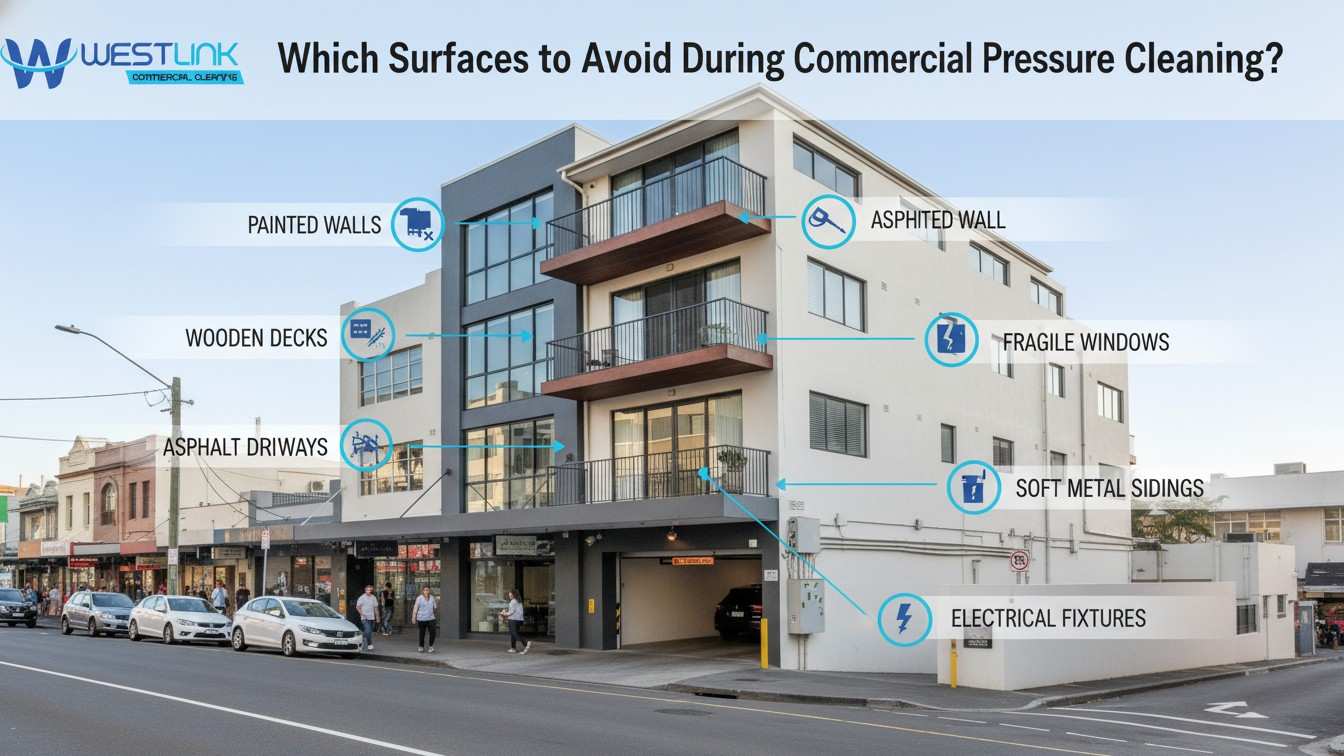 Infographic illustrating key surfaces to avoid when pressure cleaning commercial properties in Bondi, Sydney, including painted walls and wooden decks