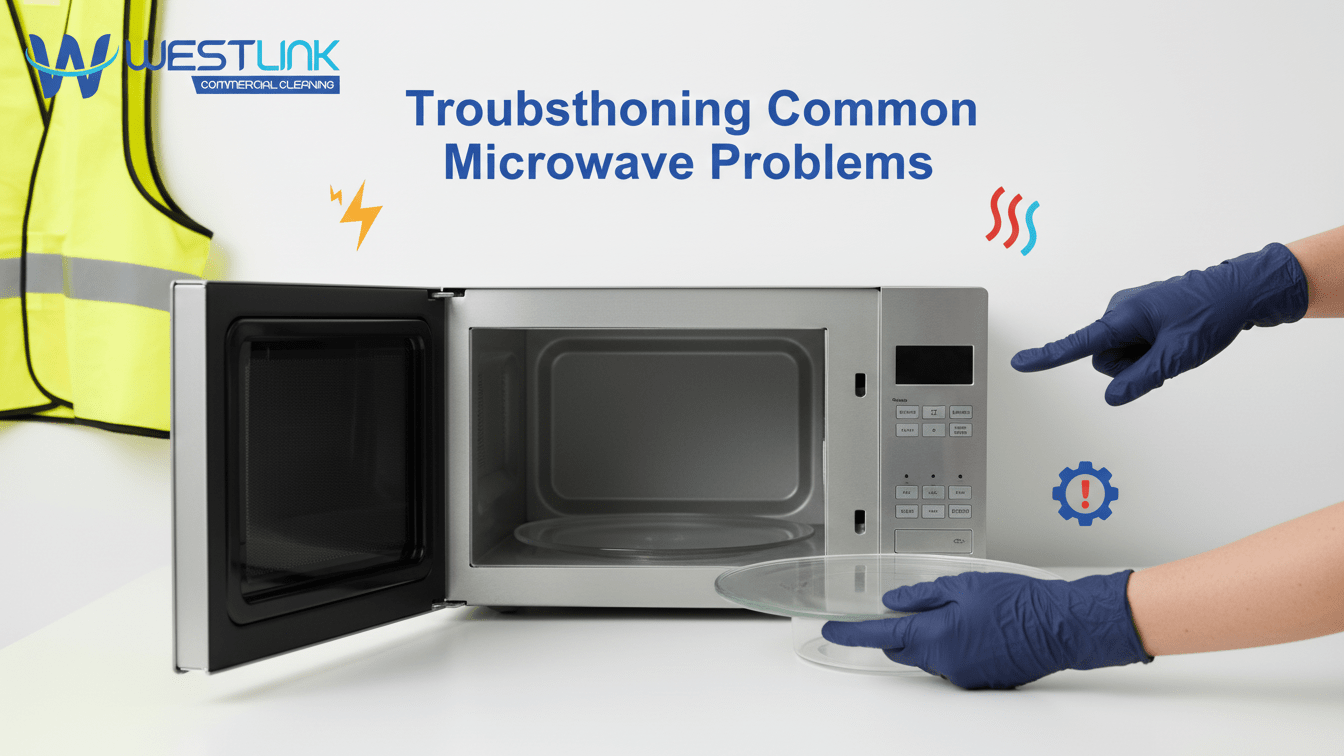 Gloved hands inspecting a commercial microwave for common problems like sparks and uneven heating.
